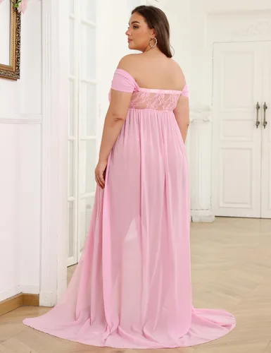 Vista 5 de Vestido de maternidad para sesión de fotos con hombros descubiertos, vestido de gasa con abertura frontal, maxi vestidos de embarazo para fotografía
