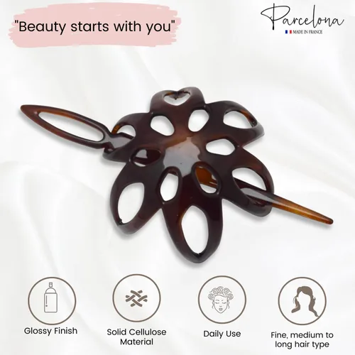 Vista 3 de Parcelona French Fleur - Pasador deslizante de pelo de 3 pulgadas con forma de concha de tortuga pequeña, pasador a través del moño, tapa de cola