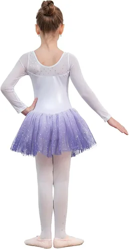 Vista 2 de EQSJIU Longsleeve Ballet Leotard with Tutu Girls Dance Gymnastics Toddlers Sparkly Snowflake Party Dress Outfit Kids