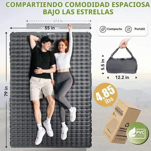 Vista 2 de Hikenture Almohadilla de Dormir para Acampar con Valor R de 6.2, Colchón de Camping Ultraligero para 2 Personas, Almohadilla de Dormir Doble Gris