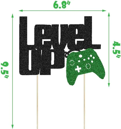 Vista 5 de Level Up - Decoración para tartas con purpurina negra y verde para fiesta de videojuegos, controlador de videojuegos, fanáticos de juegos, temática