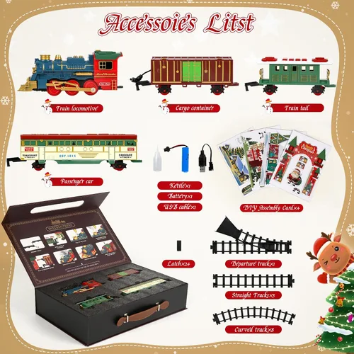 Vista 2 de Caja de regalo de tren eléctrico de vapor de Navidad con pista, luces, música, humo, batería recargable USB, incluye locomotora y autos