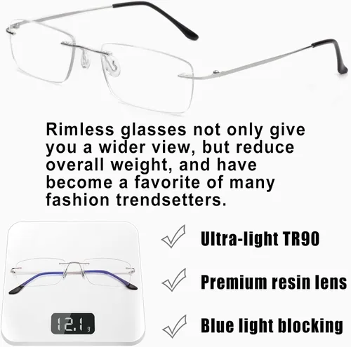 Vista 5 de Titanium Rimless Reading Glasses for Men Women Super Light Blue Light Blocking Computer Readers with Rectangular Lens