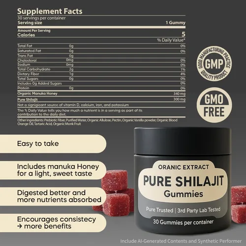 Vista 4 de Gomitas Shilajit - Fuente del Himalaya 9000 mg, energía y apoyo inmunológico para hombres y mujeres, ácido fúlvico + 85 oligominerales, sabor a miel