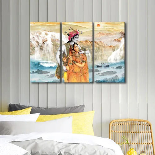 Vista 4 de Lienzo decorativo para pared para el hogar, arte moderno de dios indios, arte de pared, cascada montañas, arte de pared, arte de pared de 3 paneles