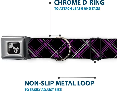 Vista 5 de Buckle-Down Collar de perro con hebilla para cinturón de seguridad, a cuadros, negro, morado, gris, 1 pulgada de ancho, se adapta a cuello de 9 a 15