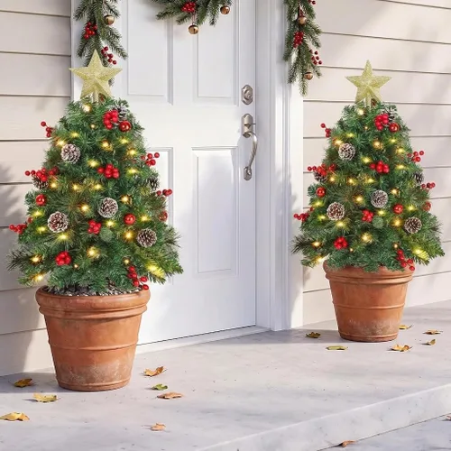 Vista 10 de OasisCraft - Juego de 2 árboles de Navidad artificiales para exterior de 24 pulgadas con relleno de urna escarchada, árbol de Navidad preiluminado