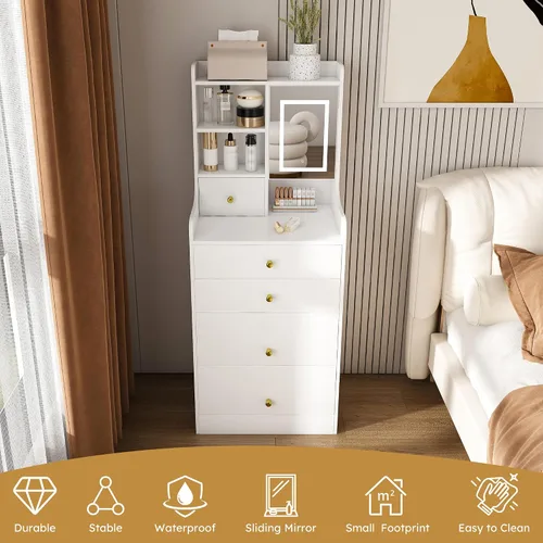 Vista 5 de Runboll - Mesa de Tocador Compacta con Taburete de Almacenamiento y Espejo Iluminado Ajustable, Escritorio de Maquillaje Pequeño 3-en-1 con 4