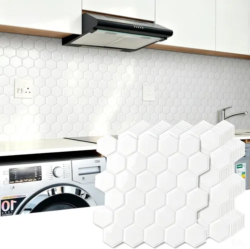 Vista 12 de 10 hojas de azulejos hexagonales autoadhesivos para salpicadero de cocina, nuevo diseño premium extra grueso 3D, azulejos de pared autoadhesivos