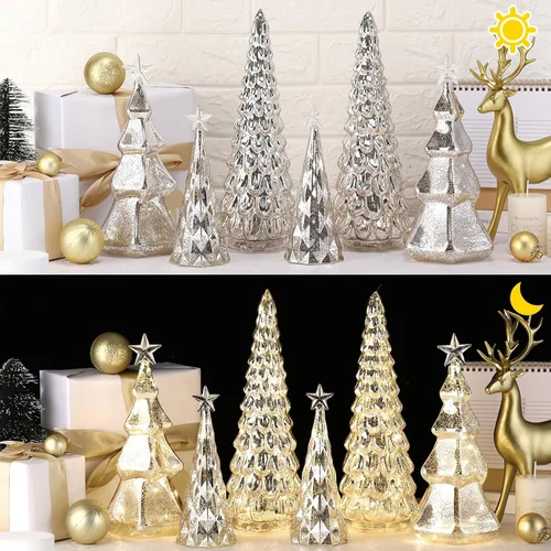 Vista 4 de Set de 6 figuras de árbol de Navidad de mesa iluminadas de vidrio de mercurio con luces LED, operadas por batería, centros de mesa iluminados