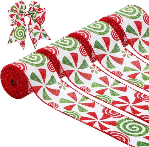 Vista 7 de Berlune 2 rollos de cinta de Navidad con borde de alambre de menta caramelo de 2.5 pulgadas de ancho, cinta de arpillera para manualidades, coronas