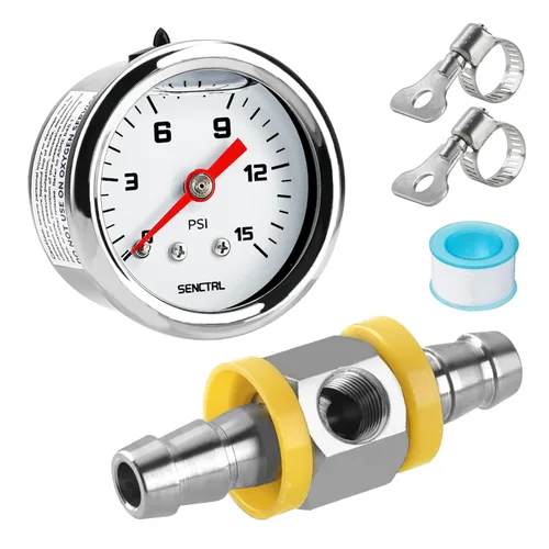 Vista 20 de SENCTRL Kit de manómetro de presión de combustible de 15 PSI para línea de combustible de 3/8, esfera negra, motores de carburador, motores