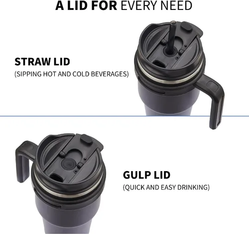 Vista 3 de Taza de café aislada de 20 onzas con asa, vaso de viaje de acero inoxidable con tapa y popote, taza térmica de doble pared al vacío a prueba de Negro