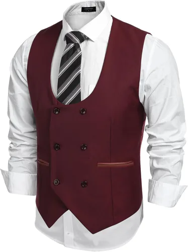 Vista 7 de COOFANDY Chaleco de traje para hombre, ajustado, doble botonadura, chaleco formal de negocios
