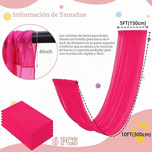 Vista 2 de FOTSHARER 6 paneles de cortinas de techo para bodas, cortinas de gasa rosa intenso, 5 x 10 pies, tul fucsia, tela drapeada, cortina de techo