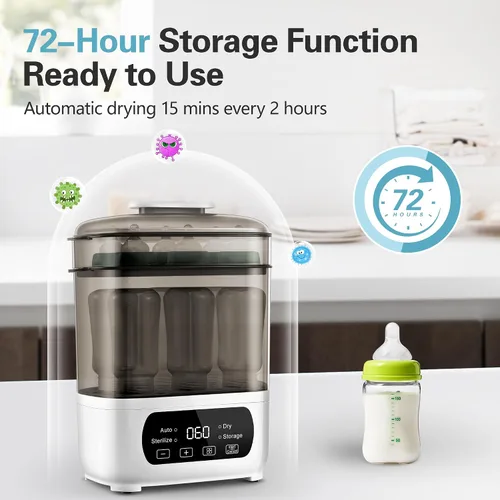 Vista 2 de AMZBABYCHEF Vaporizador y secadora de biberones 4 en 1, vaporizador eléctrico con secado rápido, ajuste universal para todas las botellas, pantalla