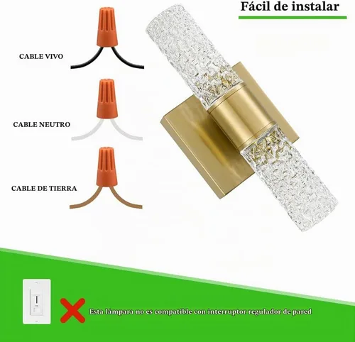 Vista 6 de Juego de 2 apliques de pared LED de cristal, lámparas de baño de oro cepillado, modernas luces de baño con LED con cable para dormitorio, sala