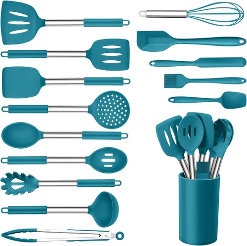 Vista 17 de Onader Juego de 10 utensilios de cocina de silicona, con soporte y mango de acero inoxidable resistente al calor para utensilios de cocina Negro