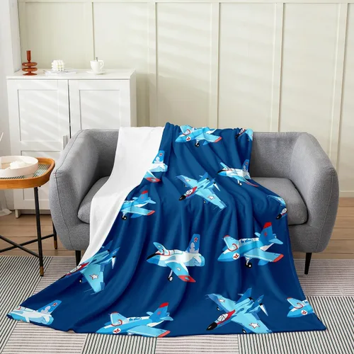 Vista 24 de Castle Fairy Manta de forro polar Sherpa con estampado de aviones para niños, manta de franela de dibujos animados para sofá, avión, azul y blanco