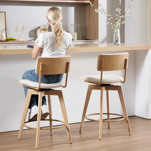 Vista 9 de ONEVOG Juego de 2 taburetes de bar giratorios de madera de 26 pulgadas de altura de mostrador, modernas sillas altas tapizadas para isla de cocina