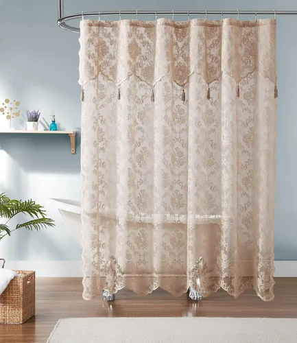 Vista 2 de WARM HOME DESIGNS Cortina de ducha de lino con cenefa adjunta y borlas elegantes. Cortina de ducha de lino estilo encaje de tamaño estándar 72 x 72
