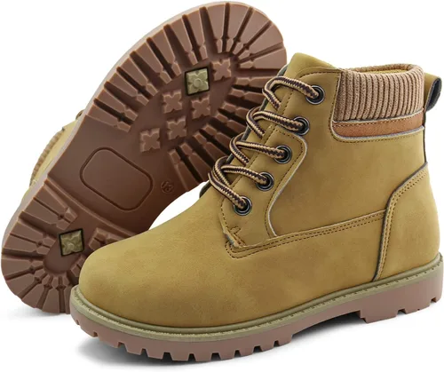 Vista 6 de JABASIC Botas de tobillo para niños y niñas, con cordones, cómodas botas de trabajo al aire libre