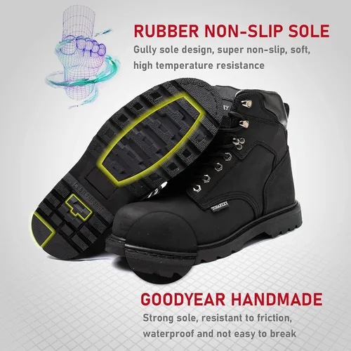 Vista 5 de Botas de seguridad laboral para hombre, de cuero Crazy-Horse duradero, con puntera de acero indestructible, impermeables y antideslizantes, mejor