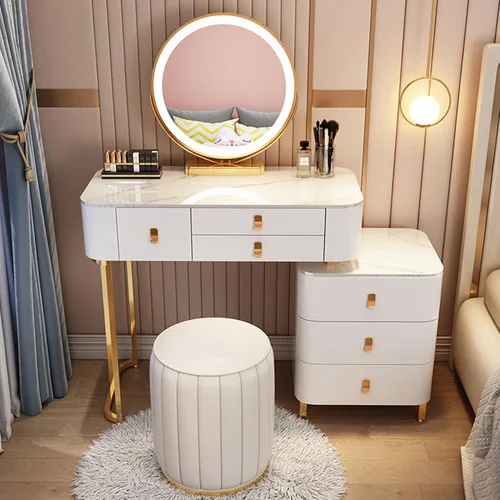 Vista 13 de Tocador, tocador de maquillaje con taburete acolchado, tocador con espejo iluminado LED y mesa auxiliar, mesa de maquillaje con 3 cajones