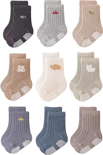 Vista 8 de VWU Calcetines de algodón antideslizantes para bebés y niños pequeños con empuñaduras de 0-6T 6/9