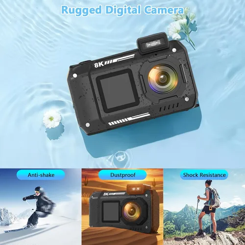 Vista 8 de Cámara Digital Impermeable 8K para Esnórquel: 70MP 33FT Cámara Subacuática Compacta Resistente HD de Doble Pantalla con Zoom de 18X Selfie, Tarjeta