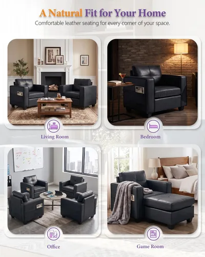 Vista 6 de TYBOATLE - Silla Accent cómoda de cuero sintético negro para sala de estar, silla de lectura extragrande con botones decorativos, estilo moderno