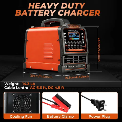 Vista 8 de Cargador de batería de coche de 12 V 24 V resistente, mantenedor de batería automático de 0-15 A con apagado automático, 10 modos de carga