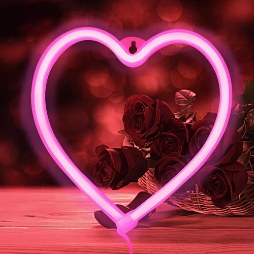Vista 2 de YouOKLight Letrero de neón de corazón, luces de neón para decoración de pared de dormitorio, letrero de neón rosa, luz LED de corazón con USB