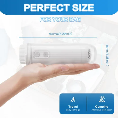 Vista 2 de Bidé portátil para viajes de 140 ml con boquilla ajustable de 180° IPX6 Bidé eléctrico manual para limpieza de higiene personal, lavado de bebé