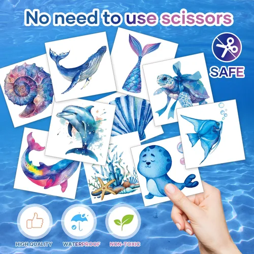 Vista 4 de 80 piezas de tatuajes temporales envueltos individualmente de animales marinos del océano para adolescentes, recuerdos de fiesta de cumpleaños