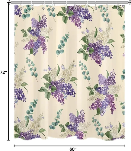 Vista 6 de EOBTAIN Cortina de ducha floral púrpura para baño, flores de acuarela y hojas de eucalipto verde sobre beige, cortina de ducha con 10 ganchos, juego