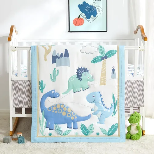 Vista 12 de Juego de ropa de cama para cuna de dinosaurio para niños, color azul, juego de ropa de cama de 3 piezas de alta calidad, juego de cuna de guardería