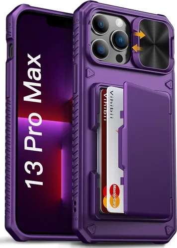 Vista 13 de Vihibii Funda para iPhone 13 Pro Max/iPhone 12 Pro Max con tarjetero (4 tarjetas) [bloqueo RFID] y cubierta de cámara deslizante, protección contra