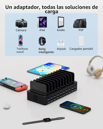 Vista 3 de Estación de carga de 270 W para múltiples dispositivos, estación de carga rápida USB de 20 puertos con divisores ajustables y 10 cables, base