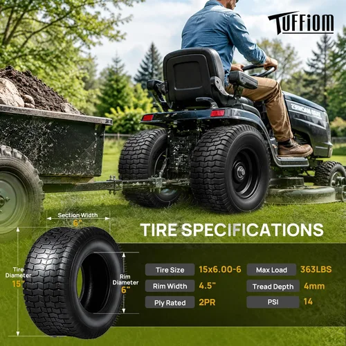 Vista 2 de TUFFIOM Juego de 2 neumáticos para cortacésped de 15 x 6.00-6, neumáticos de césped 2PR, neumáticos de tractor de césped, jardín, compatibles