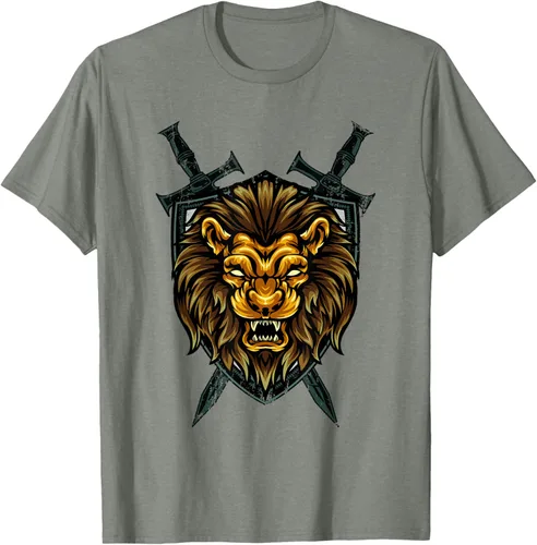 Vista 67 de Camiseta con diseño de caballero medieval renacentista, con diseño de espada de león, Negro, S