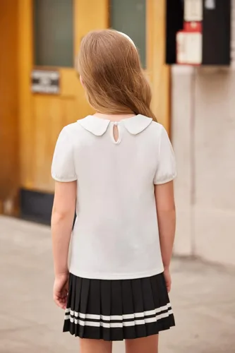 Vista 5 de Arshiner Camisetas básicas de manga largacorta para niñas, cuello Peter Pan, blusas suaves