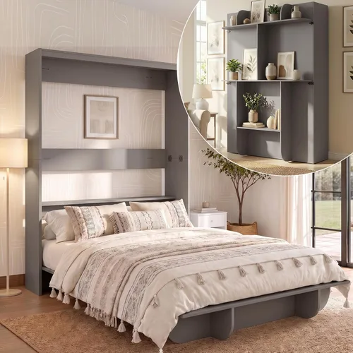 Vista 10 de Mjkone Cama Murphy de pared tamaño Queen con estante de almacenamiento Negro