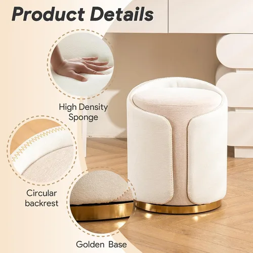 Vista 4 de Taburete Giratorio de Tocador con Base Dorada Cómoda Silla de Tocador Taburete Redondo Moderno para Tocador de Maquillaje Otomana de Tocador Beige