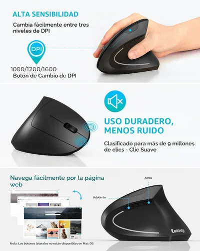 Vista 5 de Lekvey Ratón ergonómico, ratón inalámbrico vertical USB recargable 2.4G