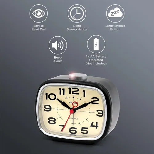 Vista 3 de Sharp Reloj despertador, reloj analógico retro simple alimentado por batería, negro, blanco