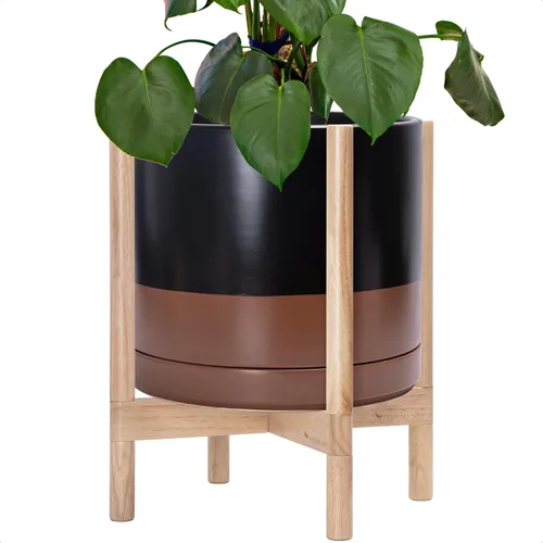 Vista 107 de D'vine Dev Maceta de cerámica con soporte de ébano – Maceta redonda moderna de 8 pulgadas con soporte para maceta de madera, color negro, 55-B-M-2