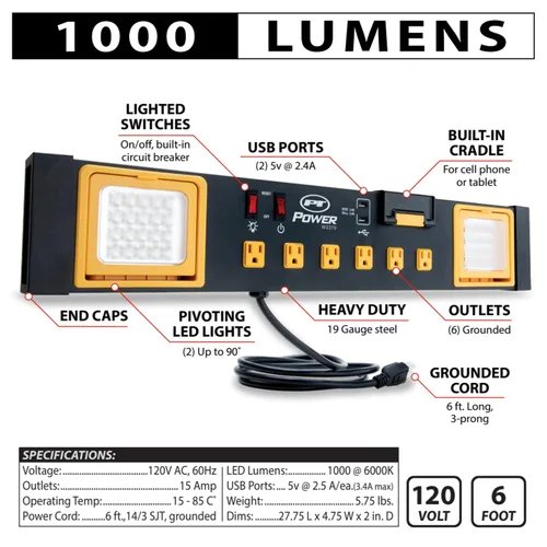 Vista 2 de Estación de potencia de grado comercial Performance Tool W2279 con 6 tomas de corriente, 2 puertos USB, soporte incorporado y luces LED, ideal