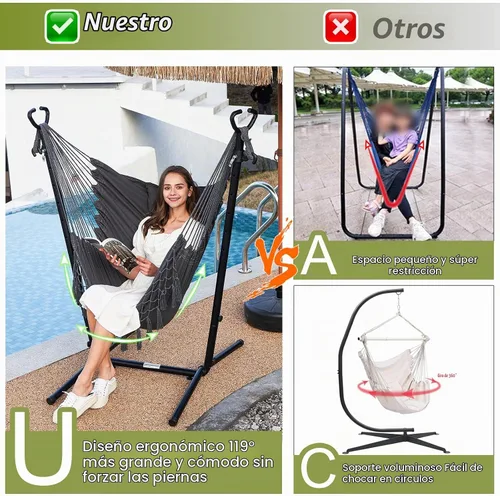 Vista 2 de Hamaca con soporte y soporte para teléfono incluido Silla colgante doble de macramé estilo boho hecha a mano, columpio ajustable para interiores