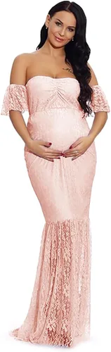 Vista 2 de ZIUMUDY Vestido de maternidad con hombros descubiertos y mangas de encaje con volantes estilo sirena para mujer, ideal para sesiones de fotos y baby